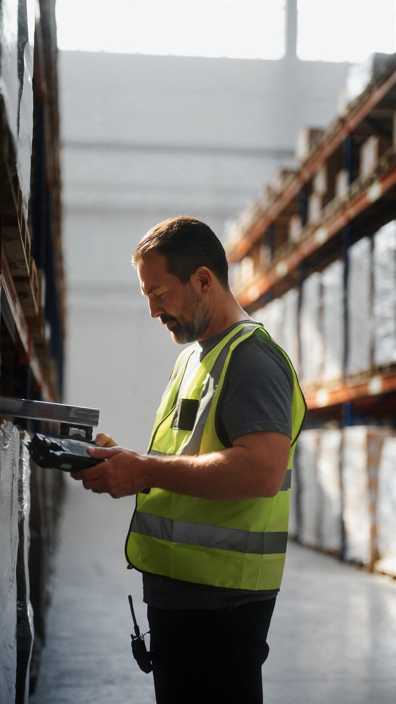 Operations specialist reviewing asset data on a rugged tablet in a warehouse aisle