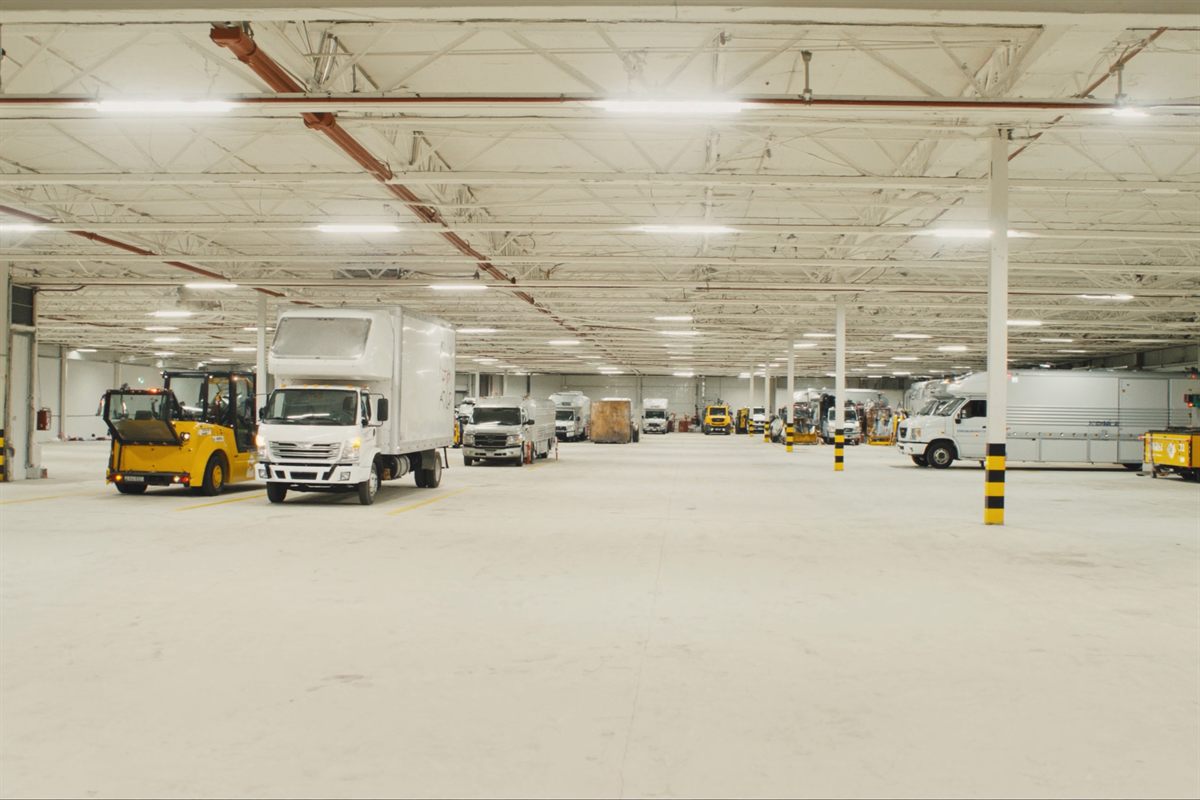 Commercial vehicles, trailers and heavy equipment stored inside a climate-controlled facility